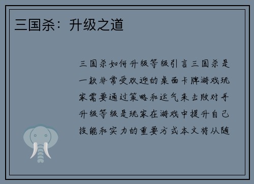 三国杀：升级之道