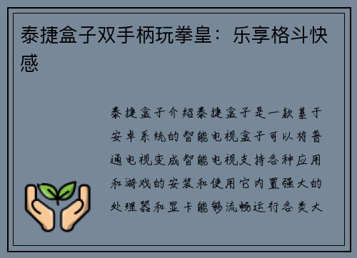 泰捷盒子双手柄玩拳皇：乐享格斗快感